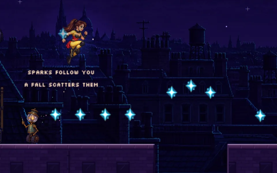 Energy jumps over the rooftops through a trail of glowing sparks while Wick follows