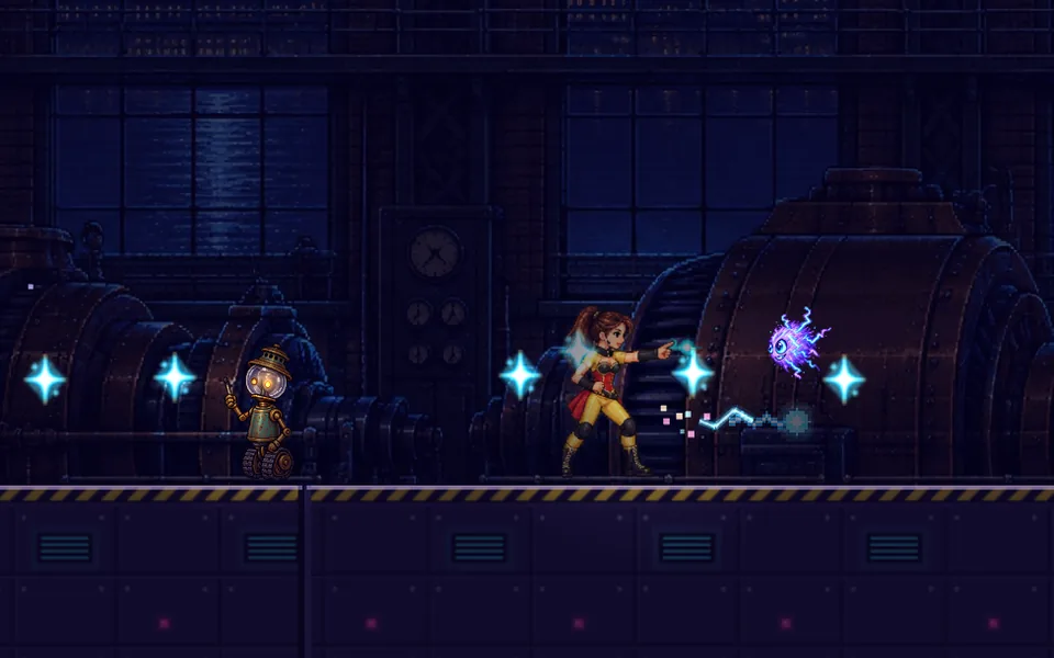 In a dark power station Energy shoots a bolt at a floating ball of static