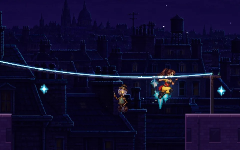Energy hangs from a glowing power line and rides it across the rooftops